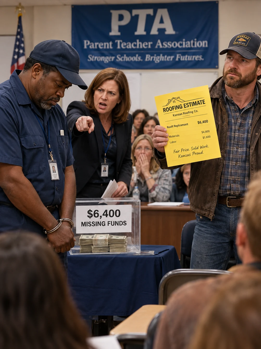 The Night Custodian Was Fired for Stealing $6,400 in Front of the PTA — Then a Kansas Roofer Stood Up With a Yellow Estimate